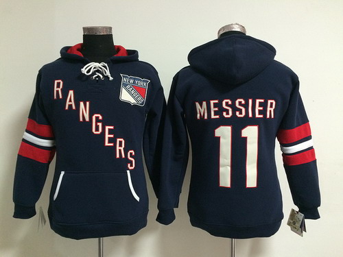 Old Time Hockey New York Rangers #11 Mark Messier Navy Blue Womens Hoodie