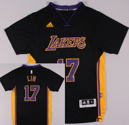 Los Angeles Lakers #17 Jeremy Lin Revolution 30 Swingman 2014 New Black With Purple Short-Sleeved Jersey