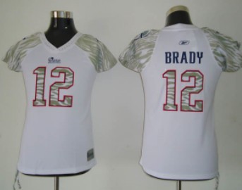 New England Patriots #12 Brady White Womens Zebra Field Flirt Fashion Jersey 