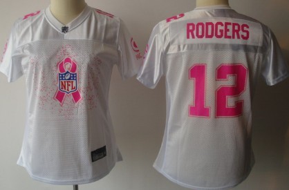 Green Bay Packers #12 Aaron Rodgers 2011 Breast Cancer Awareness White Womens Fashion Jersey
