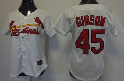 St. Louis Cardinals #45 Bob Gibson White With Red Womens Jersey