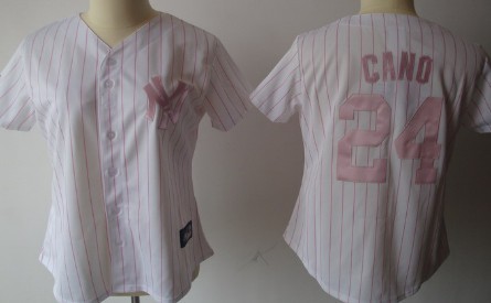 New York Yankees #24 Robinson Cano White With Pink Pinstripe Womens Jersey 