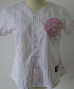 Chicago Cubs #10 Ron Santo White With Pink Pinstripe Womens Jersey 