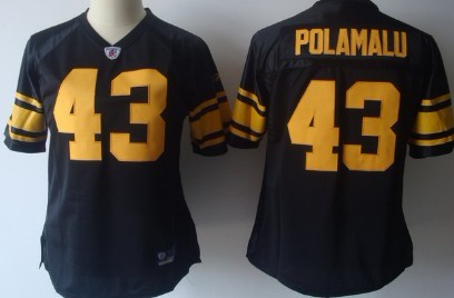 Pittsburgh Steelers #43 Troy Polamalu Black With Yellow Womens Jersey 