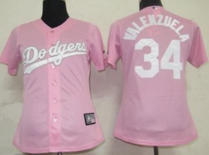 Los Angeles Dodgers #34 Valenzuela Pink With White Womens Jersey 