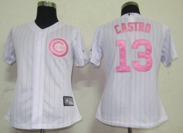 Chicago Cubs #13 Castro White With Pink Pinstripe Womens Jersey 
