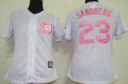 Chicago Cubs #23 Sandberg White With Pink Pinstripe Womens Jersey 