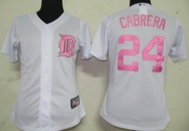 Detroit Tigers #24 Cabrera White With Pink Womens Jersey 