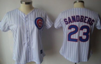Chicago Cubs #23 Sandberg White With Blue Pinstripe Womens Jersey 
