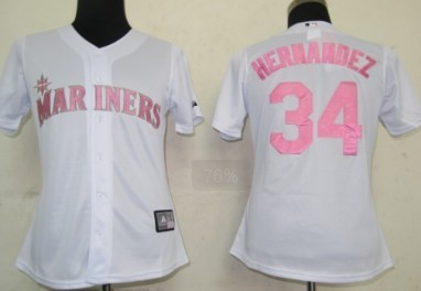 Seattle Mariners #34 Hernandez White With Pink Womens Jersey 