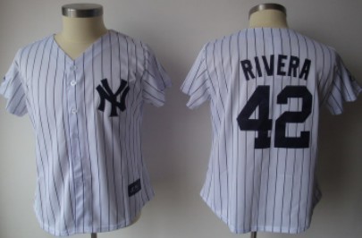 New York Yankees #42 Rivera White With Black Pinstripe Womens Jersey 