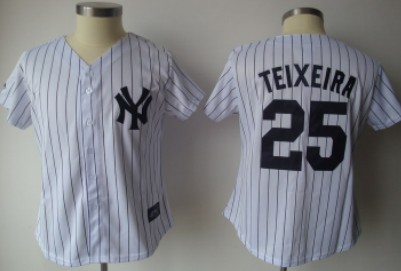New York Yankees #25 Teixeira White With Black Pinstripe Womens Jersey 