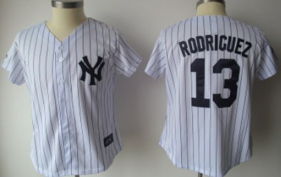 New York Yankees #13 Rodriguez White With Black Pinstripe Womens Jersey 