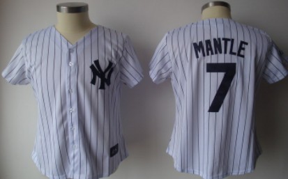 New York Yankees #7 Mantle White With Black Pinstripe Womens Jersey 