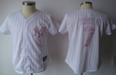 New York Yankees #7 Mantle White With Pink Pinstripe Womens Jersey 