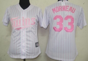 Minnesota Twins #33 Justin Morneau White With Pink Pinstripe Womens Jersey 