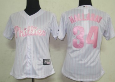 Philadelphia Phillies #34 Halladay White With Pink Pinstripe Womens Jersey  