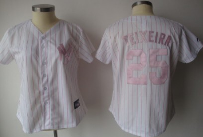 New York Yankees #25 Teixeira White With Pink Pinstripe Womens Jersey 