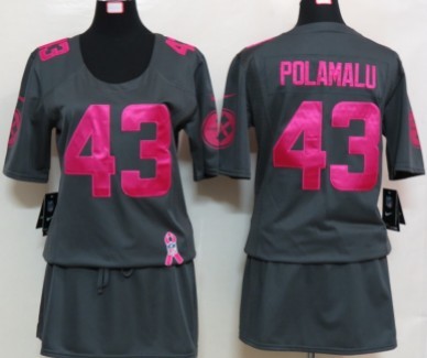 Nike Pittsburgh Steelers #43 Troy Polamalu Breast Cancer Awareness Gray Womens Jersey 
