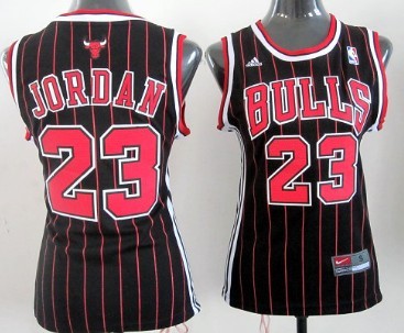 Chicago Bulls #23 Michael Jordan Black Pinstripe Womens Jersey 