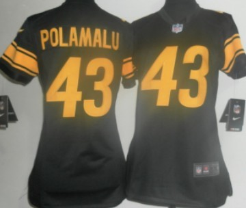 Nike Pittsburgh Steelers #43 Troy Polamalu Black With Yellow Game Womens Jersey 