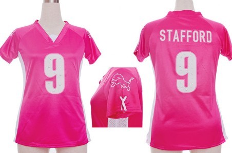 Nike Detroit Lions #9 Matthew Stafford 2012 Pink Womens Draft Him II Top Jersey 