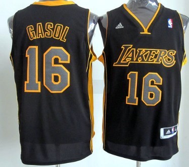 Los Angeles Lakers #16 Pau Gasol Revolution 30 Swingman All Black With Yellow Jersey 
