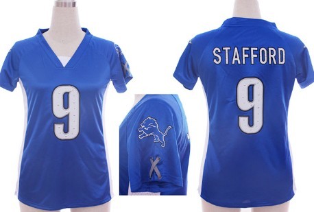 Nike Detroit Lions #9 Matthew Stafford 2012 Light Blue Womens Draft Him II Top Jersey