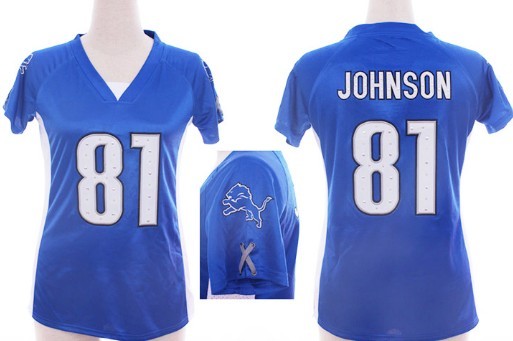 Nike Detroit Lions #81 Calvin Johnson 2012 Light Blue Womens Draft Him II Top Jersey
