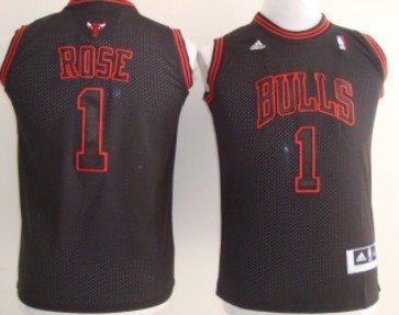 Chicago Bulls #1 Derrick Rose All Black With White Red Kids Jersey 