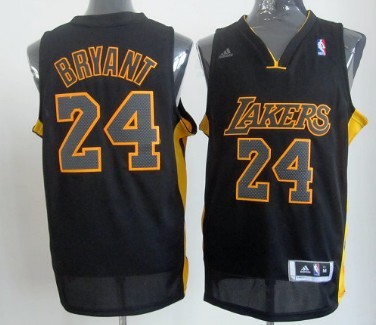 Los Angeles Lakers #24 Kobe Bryant Revolution 30 Swingman All Black With Yellow Jersey 