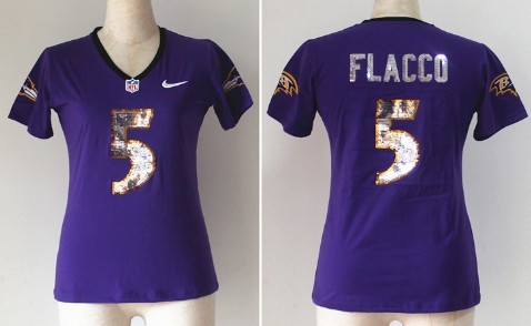 Nike Baltimore Ravens #5 Joe Flacco Handwork Sequin Lettering Fashion Purple Womens Jersey 