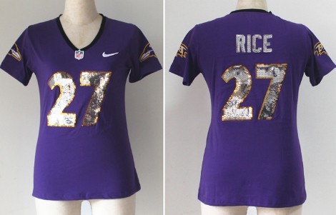 Nike Baltimore Ravens #27 Ray Rice Handwork Sequin Lettering Fashion Purple Womens Jersey 