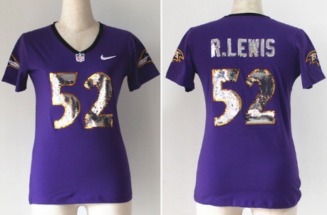 Nike Baltimore Ravens #52 Ray Lewis Handwork Sequin Lettering Fashion Purple Womens Jersey 