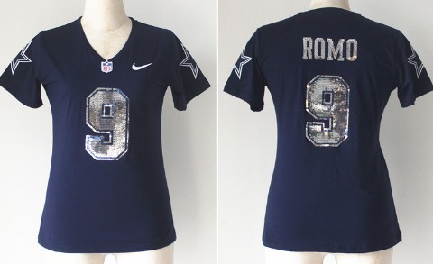 Nike Dallas Cowboys #9 Tony Romo Handwork Sequin Lettering Fashion Blue Womens Jersey 