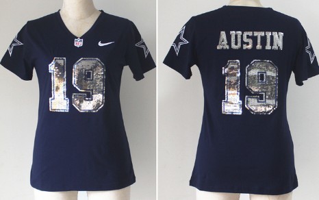 Nike Dallas Cowboys #19 Miles Austin Handwork Sequin Lettering Fashion Blue Womens Jersey 