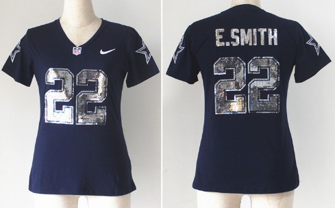 Nike Dallas Cowboys #22 Emmitt Smith Handwork Sequin Lettering Fashion Blue Womens Jersey 