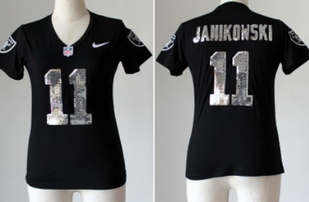 Nike Oakland Raiders #11 Sebastian Janikowski Handwork Sequin Lettering Fashion Black Womens Jersey 