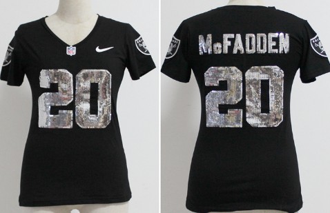 Nike Oakland Raiders #20 Darren McFadden Handwork Sequin Lettering Fashion Black Womens Jersey
