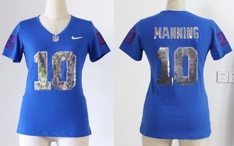 Nike New York Giants #10 Eli Manning Handwork Sequin Lettering Fashion Blue Womens Jersey
