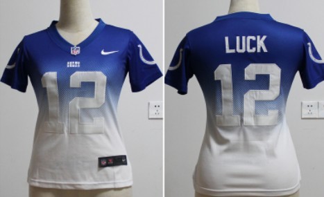 Nike Indianapolis Colts #12 Andrew Luck Blue/White Fadeaway Womens Jersey 