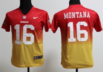Nike San Francisco 49ers #16 Joe Montana Red/Gold Fadeaway Kids Jersey