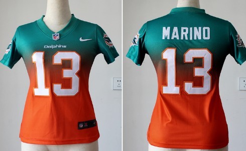 Nike Miami Dolphins #13 Dan Marino Green/Orange Fadeaway Womens Jersey 