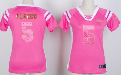 Nike Baltimore Ravens #5 Joe Flacco Drilling Sequins Pink Womens Jersey
