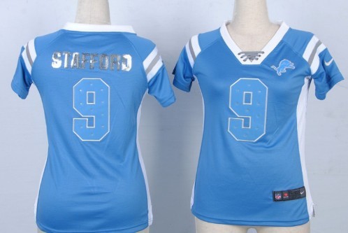 Nike Detroit Lions #9 Matthew Stafford Drilling Sequins Blue Womens Jersey