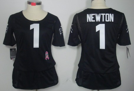 Nike Carolina Panthers #1 Cam Newton Breast Cancer Awareness Black Womens Jersey 