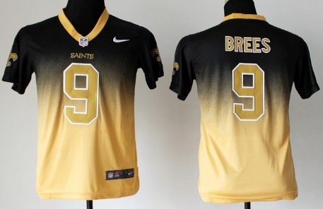 Nike New Orleans Saints #9 Drew Brees Black/Gold Fadeaway Kids Jersey