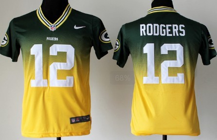 Nike Green Bay Packers #12 Aaron Rodgers Green/Yellow Fadeaway Kids Jersey 