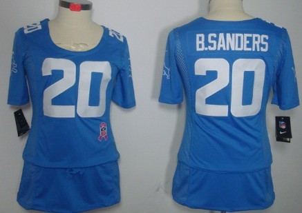 Nike Detroit Lions #20 Barry Sanders Breast Cancer Awareness Light Blue Womens Jersey 