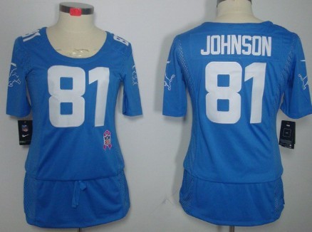 Nike Detroit Lions #81 Calvin Johnson Breast Cancer Awareness Light Blue Womens Jersey 